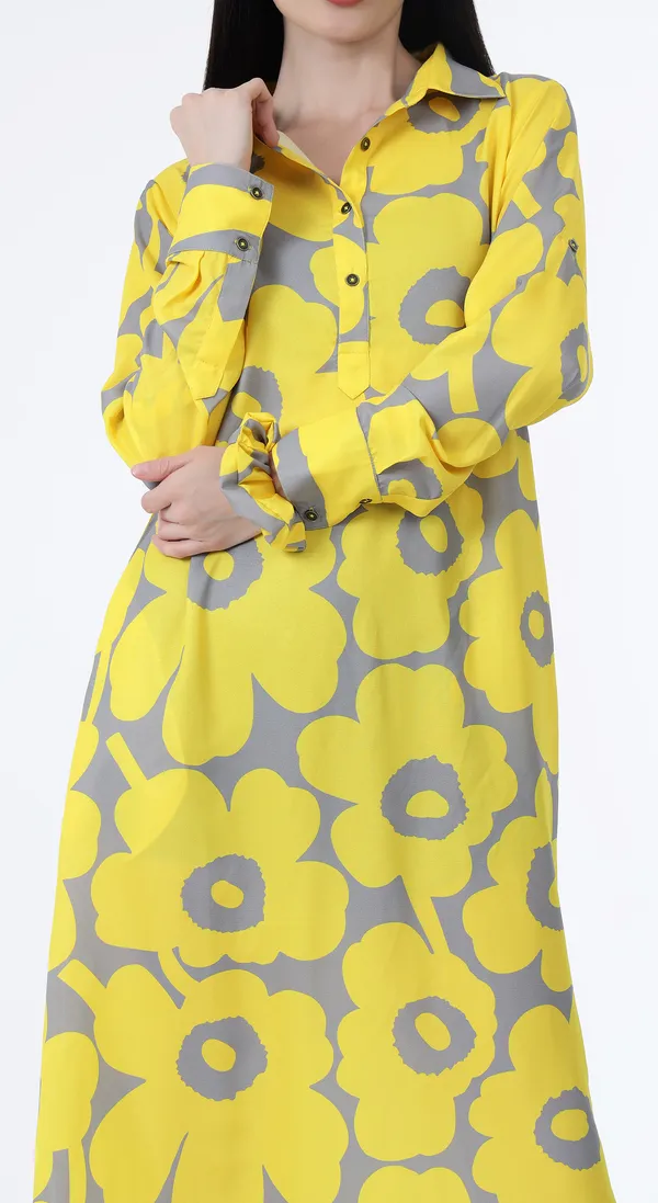 Yellow_Woven_Premium_Polyester_A_line_Shirt_Dress_with_side_pockets_and_Complimentary_Scrunchie