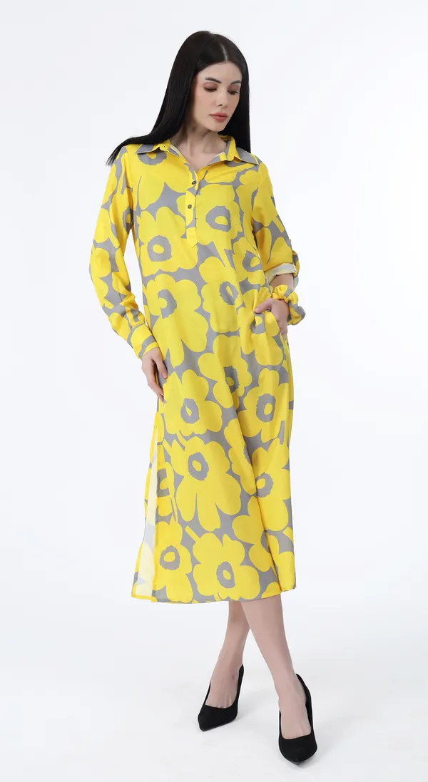 Yellow_Woven_Premium_Polyester_A_line_Shirt_Dress_with_side_pockets_and_Complimentary_Scrunchie