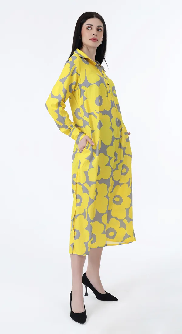 Yellow_Woven_Premium_Polyester_A_line_Shirt_Dress_with_side_pockets_and_Complimentary_Scrunchie
