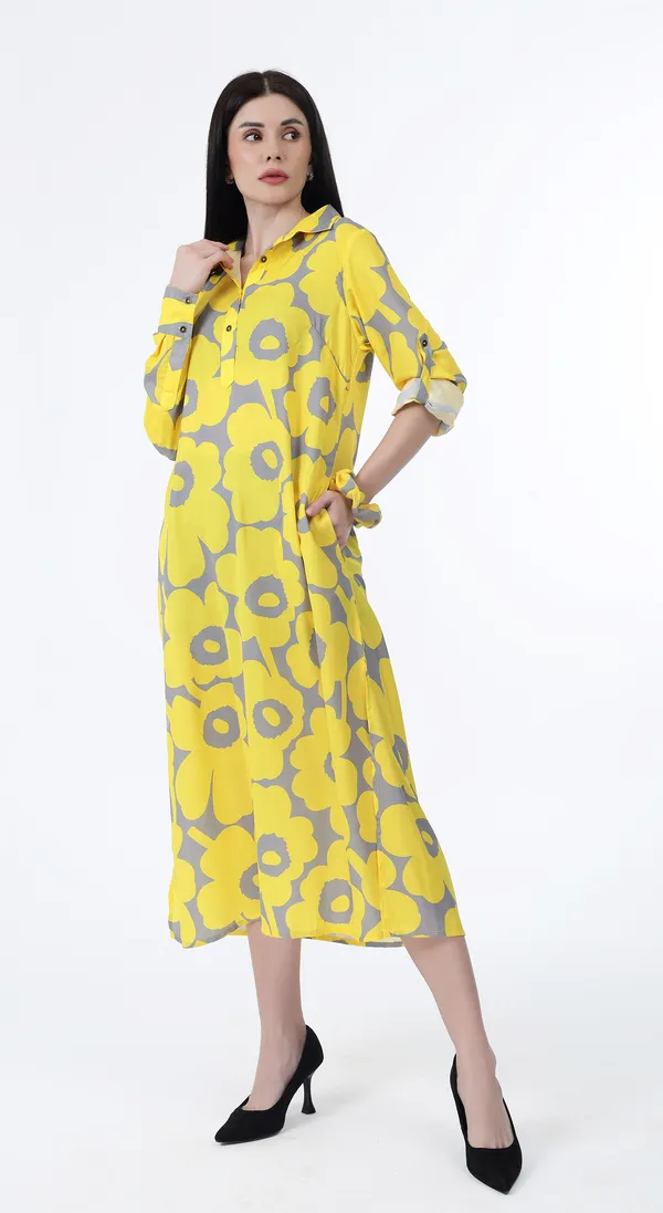 Yellow_Woven_Premium_Polyester_A_line_Shirt_Dress_with_side_pockets_and_Complimentary_Scrunchie