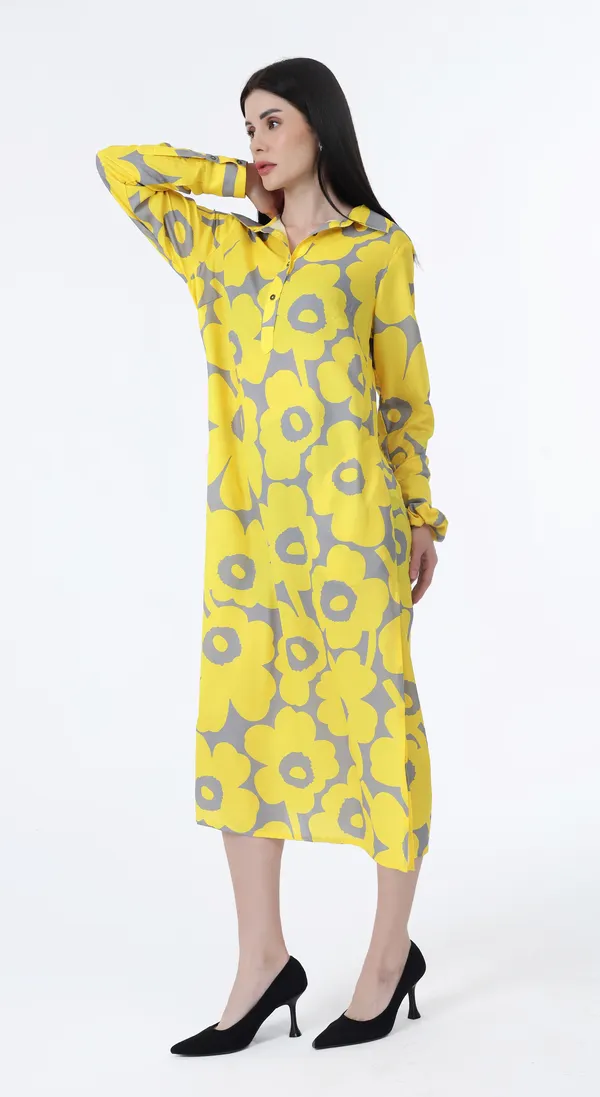 Yellow_Woven_Premium_Polyester_A_line_Shirt_Dress_with_side_pockets_and_Complimentary_Scrunchie