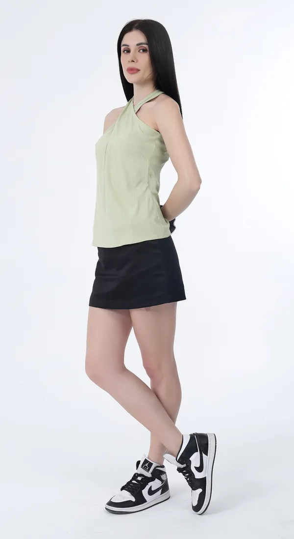 Lime_Knitted_Premium_Polyester_halter_neck_tank_Top_with_buttons_at_back_with_Complimentary_Scrunchie