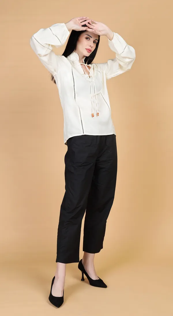 Cream_Woven_Premium_Viscose_Ruffle_Top_with_beaded_ties_with_Complimentary_Scrunchie