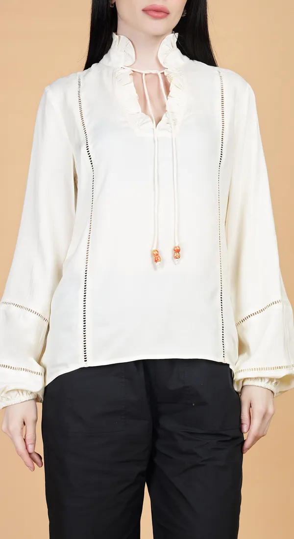 Cream_Woven_Premium_Viscose_Ruffle_Top_with_beaded_ties_with_Complimentary_Scrunchie