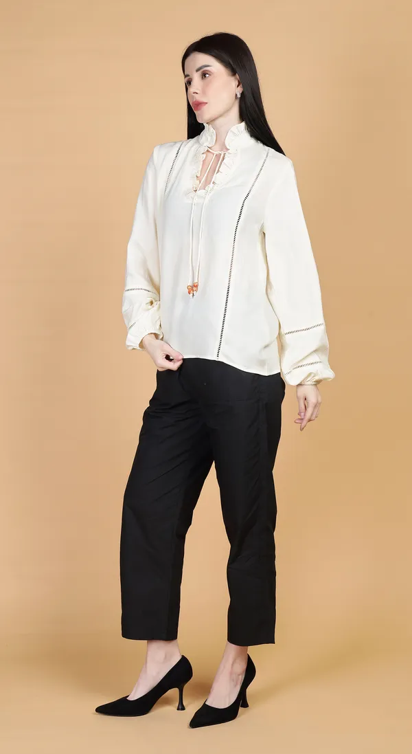 Cream_Woven_Premium_Viscose_Ruffle_Top_with_beaded_ties_with_Complimentary_Scrunchie