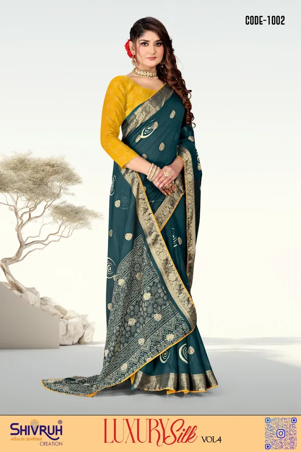 Teal_Blue_Jacquard_Butta_&_Border_Soft_cotton_Saree_with_Blouse_For_Women