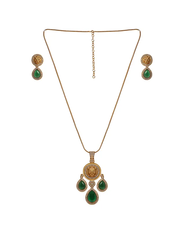 Gold_Plated_Pendant_Green_Stone_with_Chain_and_Earrings_For_Women_&_Girls