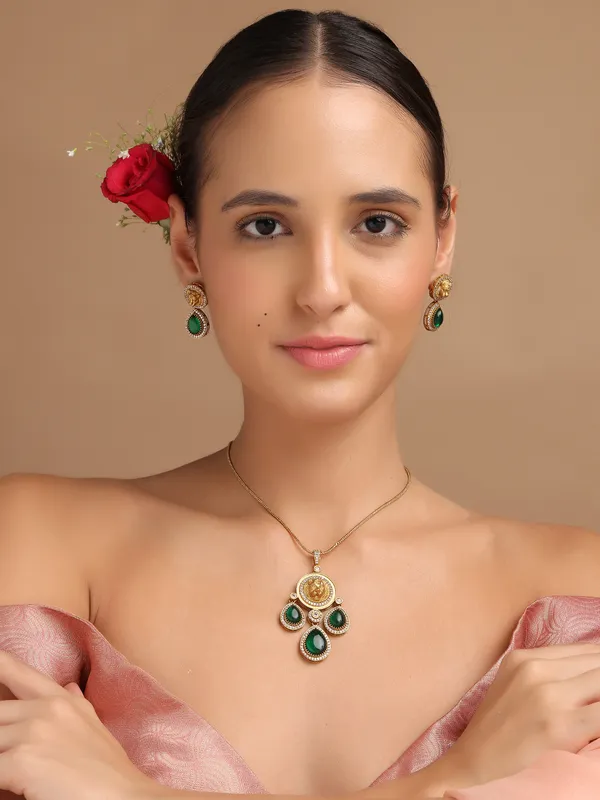 Gold_Plated_Pendant_Green_Stone_with_Chain_and_Earrings_For_Women_&_Girls