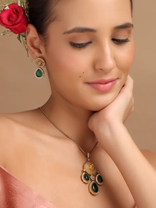 Gold_Plated_Pendant_Green_Stone_with_Chain_and_Earrings_For_Women_&_Girls