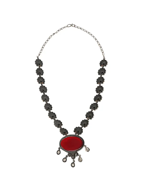 Gold_Silver_Flower_Red_stone_Neckwear_with_Earrings_For_Women_&_Girls