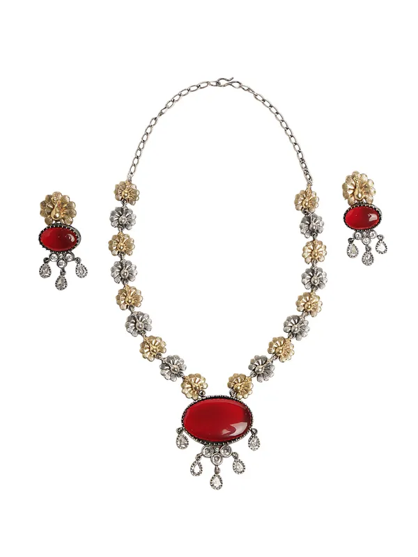 Gold_Silver_Flower_Red_stone_Neckwear_with_Earrings_For_Women_&_Girls