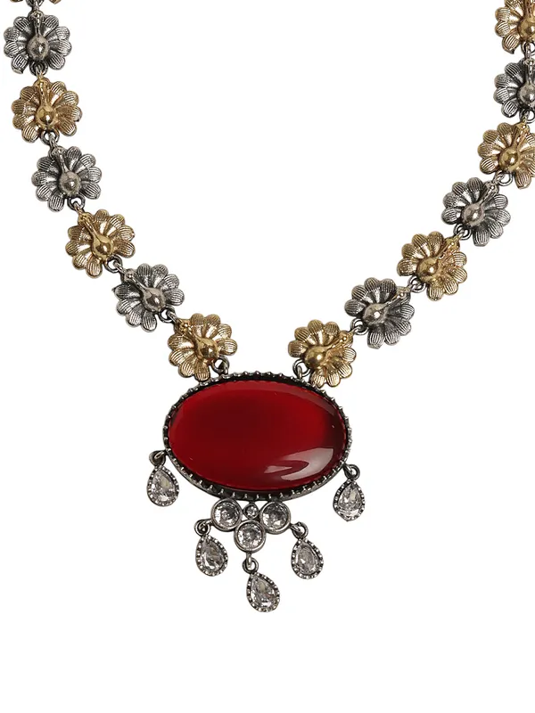 Gold_Silver_Flower_Red_stone_Neckwear_with_Earrings_For_Women_&_Girls