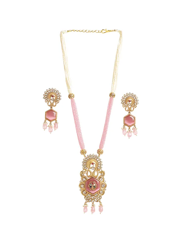 Beautiful_white_and_Pink_bead_Gold_plated_Necklace_with_earrings_for_Women_&_Girls