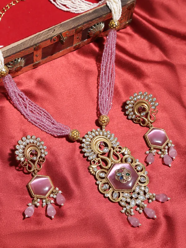 Beautiful_white_and_Pink_bead_Gold_plated_Necklace_with_earrings_for_Women_&_Girls