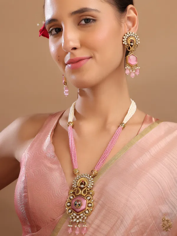 Beautiful_white_and_Pink_bead_Gold_plated_Necklace_with_earrings_for_Women_&_Girls