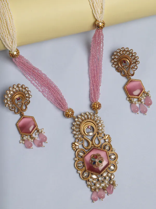 Beautiful_white_and_Pink_bead_Gold_plated_Necklace_with_earrings_for_Women_&_Girls