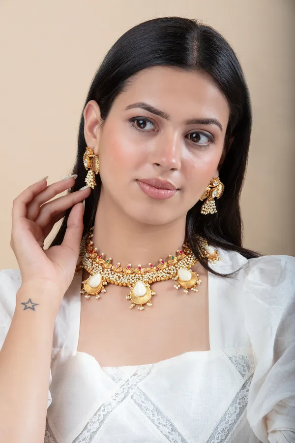 White_,_Pink_&_Golden_Metal_Elegant_&_Premium_Earring_&_Necklace_Set_For_Women_&_Girls
