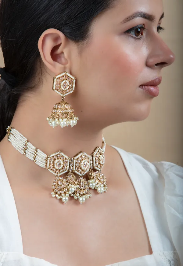 White_&_Golden_Metal_Elegant_&_Premium_Earring_&_Necklace_Set_For_Women_&_Girls