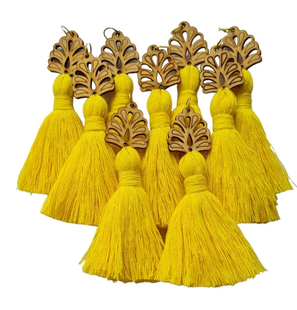 Bright_Yellow_Mini_Cotton_Handmade_Tassels_with_wooden_leaf_,_Pack_of_10