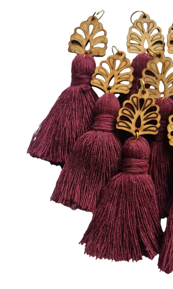Burgundy_Mini_Cotton_Handmade__Tassels_with_wooden_leaf__,_Pack_of_10