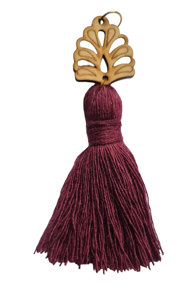 Burgundy_Mini_Cotton_Handmade__Tassels_with_wooden_leaf__,_Pack_of_10