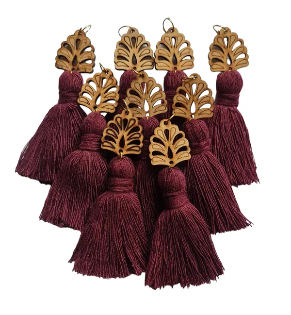 Burgundy_Mini_Cotton_Handmade__Tassels_with_wooden_leaf__,_Pack_of_10