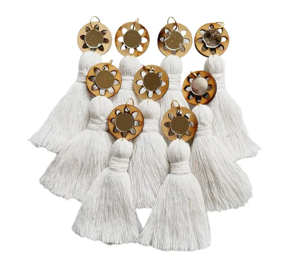 White_Mini_Cotton_Handmade__Tassels_with_mirrors_,_Pack_of_10