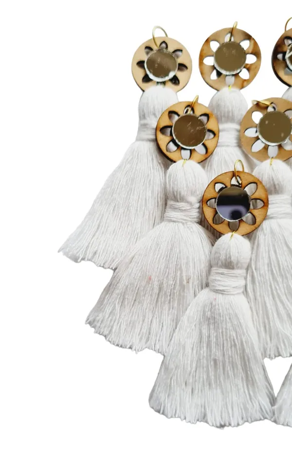 White_Mini_Cotton_Handmade__Tassels_with_mirrors_,_Pack_of_10