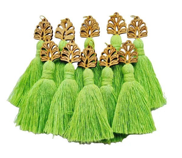 Parrot_Green_Mini_Cotton_Handmade_Tassels_with_wooden_leaf_,_Pack_of_10