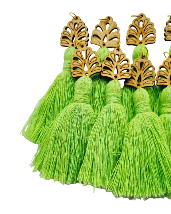 Parrot_Green_Mini_Cotton_Handmade_Tassels_with_wooden_leaf_,_Pack_of_10