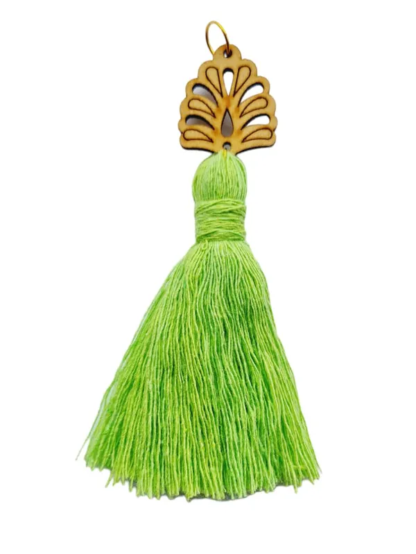 Parrot_Green_Mini_Cotton_Handmade_Tassels_with_wooden_leaf_,_Pack_of_10