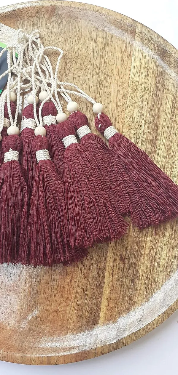 Burgundy_Long_Cotton_Handmade_Tassels_With_wooden_beads_,__Pack_Of_10