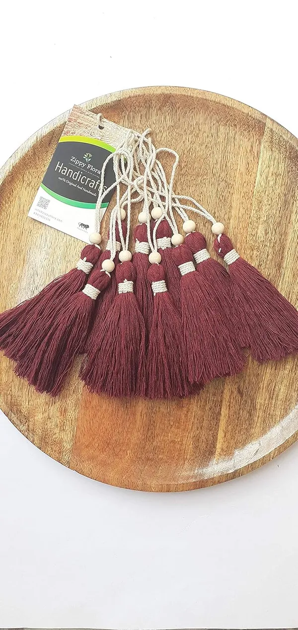 Burgundy_Long_Cotton_Handmade_Tassels_With_wooden_beads_,__Pack_Of_10