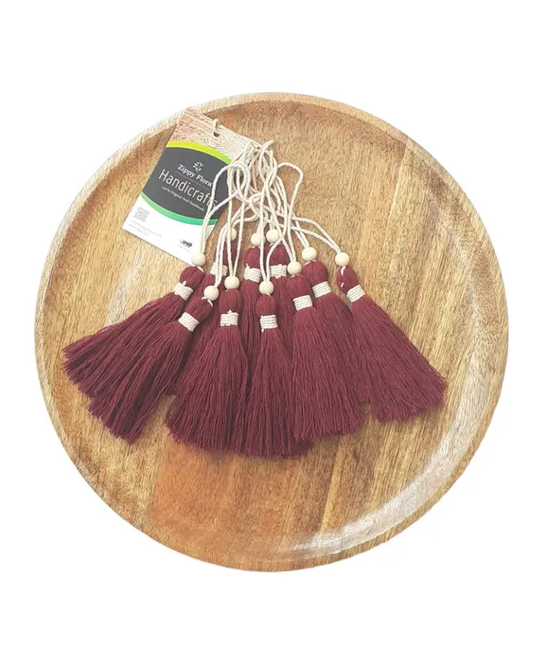 Burgundy_Long_Cotton_Handmade_Tassels_With_wooden_beads_,__Pack_Of_10