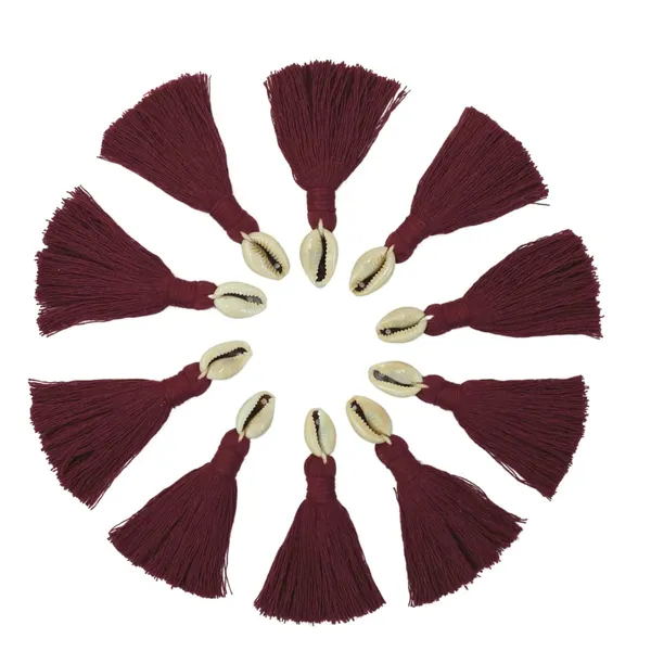 Burgundy_Mini_Cotton_Handmade_Tassels_With_Cowrie_Shells_,__Pack_Of_10