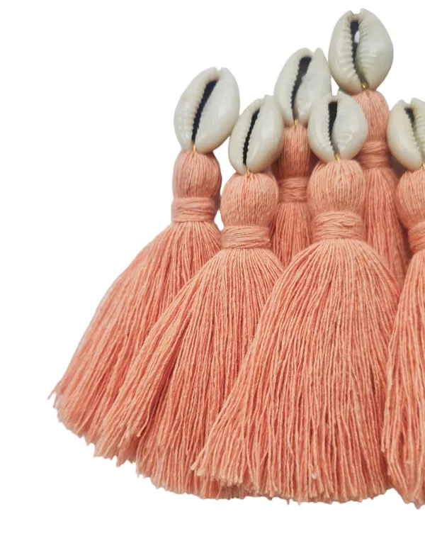 Peach__Mini_Cotton_Handmade_Tassels_With_Cowrie_Shells_,__Pack_Of_10