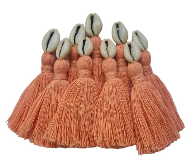 Peach__Mini_Cotton_Handmade_Tassels_With_Cowrie_Shells_,__Pack_Of_10