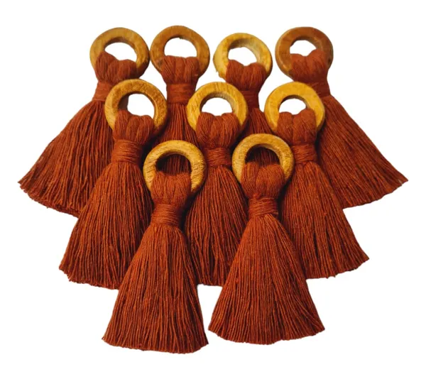 Rust_Brown_Mini_Cotton_Tassels_with_wooden_rings__for_Saree/Blouse/Dupatta/DIY/Decor,_Pack_of_10