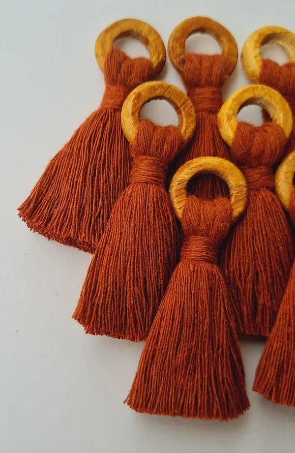 Rust_Brown_Mini_Cotton_Tassels_with_wooden_rings__for_Saree/Blouse/Dupatta/DIY/Decor,_Pack_of_10