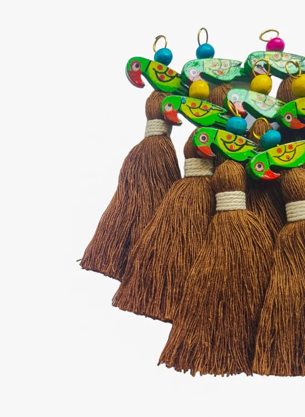 Mini_Cotton_Tassels_with_Parrots_(Pack_of_10)_(Chocolate_Brown)