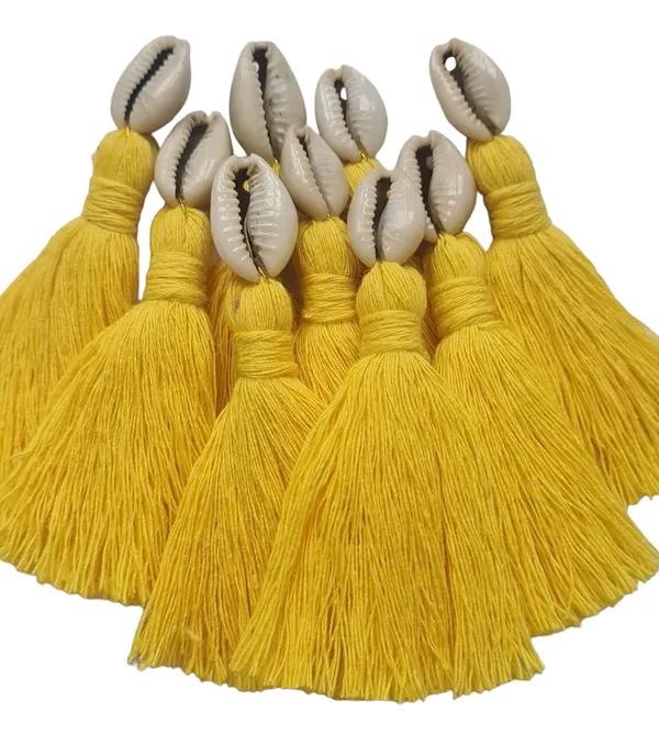 Bright_Yellow__Mini_Cotton_Handmade_Tassels_With_Cowrie_Shells_,__Pack_Of_10