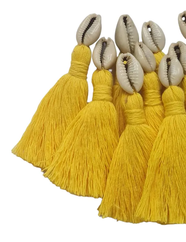 Bright_Yellow__Mini_Cotton_Handmade_Tassels_With_Cowrie_Shells_,__Pack_Of_10