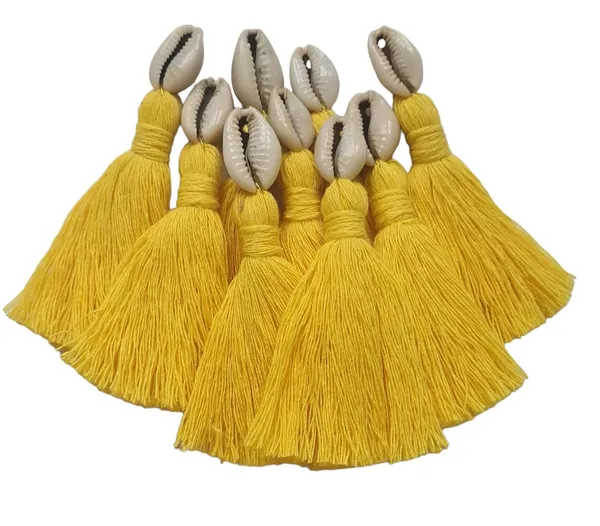 Bright_Yellow__Mini_Cotton_Handmade_Tassels_With_Cowrie_Shells_,__Pack_Of_10
