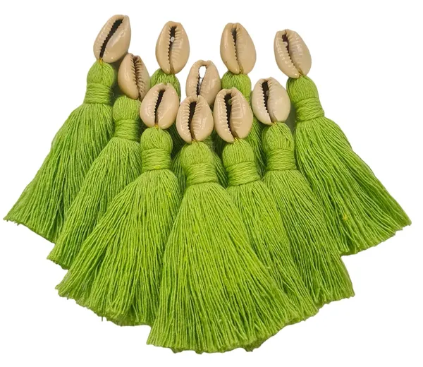 Parrot_Green_Mini_Cotton_Handmade_Tassels_With_Cowrie_Shells_,__Pack_Of_10
