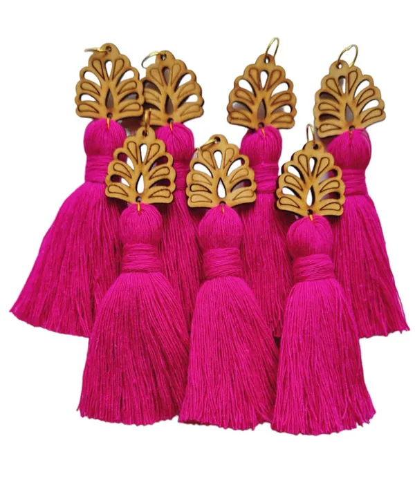 Dark_Pink_Mini_Cotton_Handmade__Tassels_with_wooden_leaf_,_Pack_of_10
