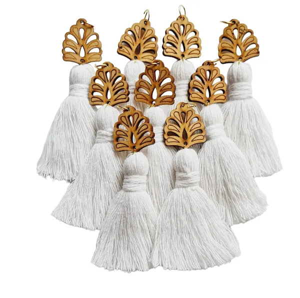 White_Mini_Cotton_Handmade__Tassels_with_wooden_leaf_,_Pack_of_10