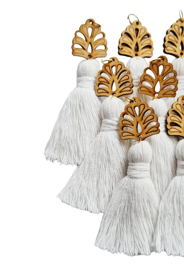 White_Mini_Cotton_Handmade__Tassels_with_wooden_leaf_,_Pack_of_10