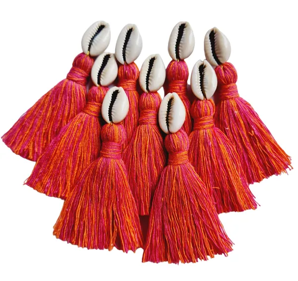 Mini_cotton_tassels_with_cowrie_shells_for_Saree/blouse/dupatta/DIY/Decor,_Pack_of_10_(Mix-_Dark_Pink_&_Orange)