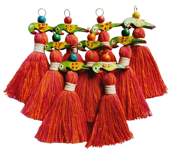 Mini_Cotton_Tassels_with_Parrots_(Pack_of_10)_(Mix-_Dark_Pink_&_Orange)