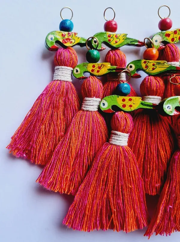 Mini_Cotton_Tassels_with_Parrots_(Pack_of_10)_(Mix-_Dark_Pink_&_Orange)